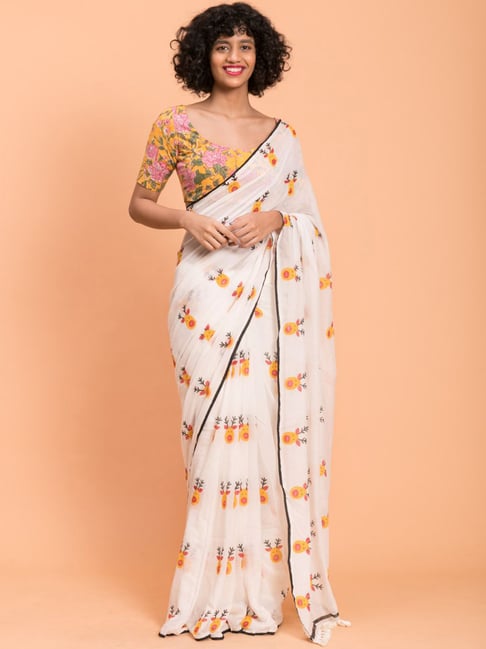 Suta White Printed Saree Without Blouse Price in India