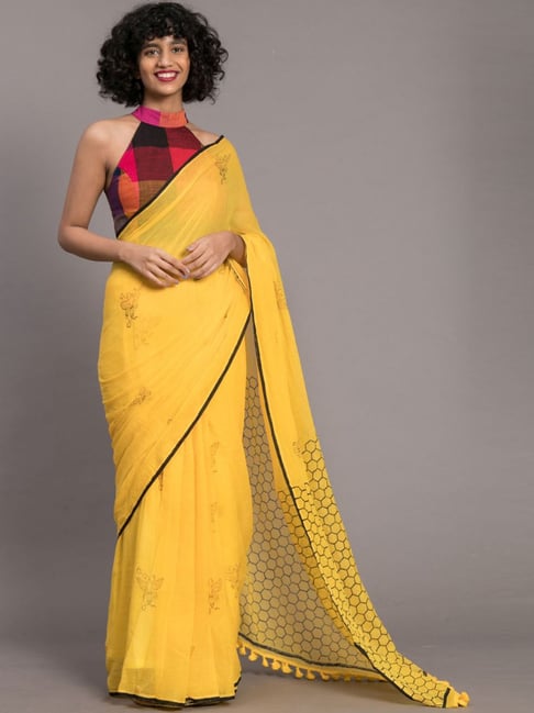 Suta Yellow Cotton Printed Saree Without Blouse Price in India