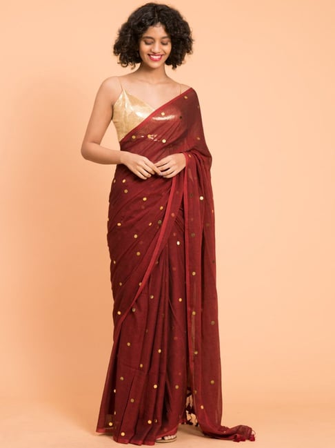 Suta Maroon Cotton Embellished Saree Without Blouse Price in India