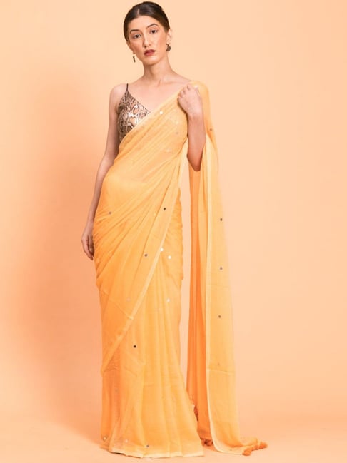 Suta Mustard Cotton Embellished Saree Without Blouse Price in India