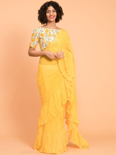 Suta Yellow Cotton Saree Without Blouse Price in India