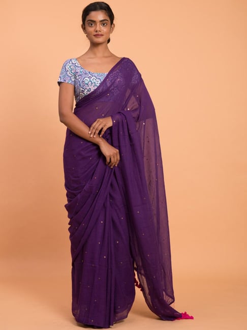 Suta Purple Cotton Embellished Saree Without Blouse Price in India