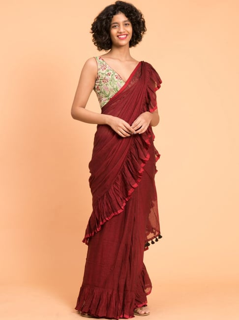 Suta Maroon Cotton Saree Without Blouse Price in India
