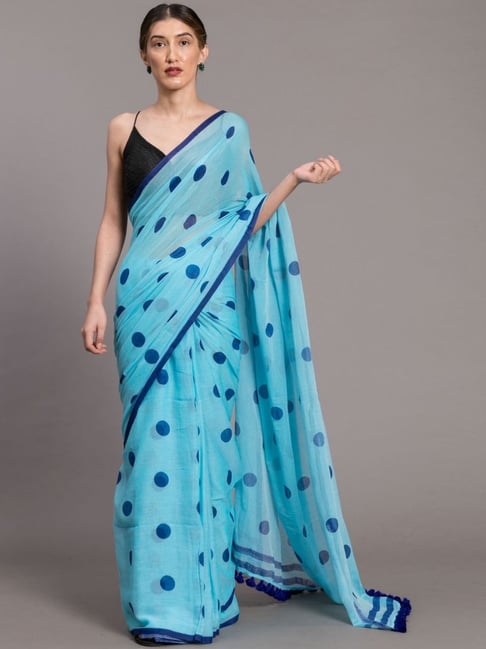 Suta Blue Cotton Polka Dots Saree Without Blouse Price in India