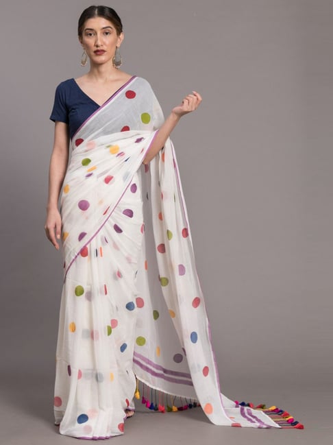 Suta White Cotton Polka Dots Saree Without Blouse Price in India