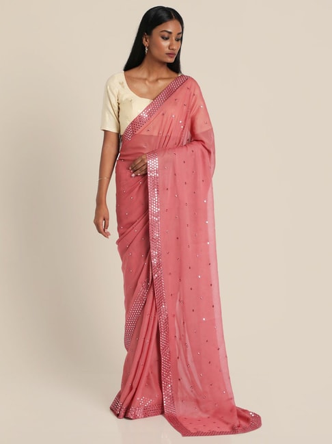 Suta Pink Embellished Saree Without Blouse Price in India