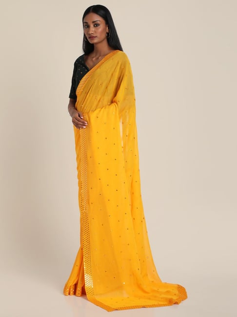 Suta Yellow Embellished Saree Without Blouse Price in India