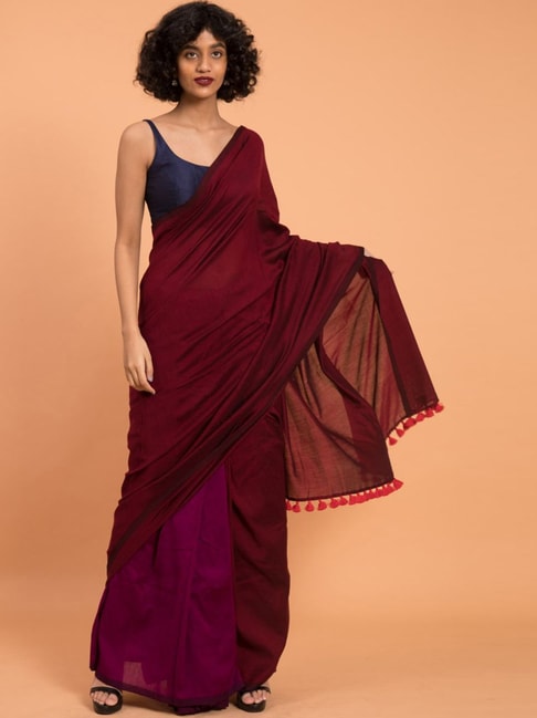 CHARUKRITI Sarees : Buy Charukriti Maroon Cotton Handloom Saree With  Unstitched Blouse Online | Nykaa Fashion.