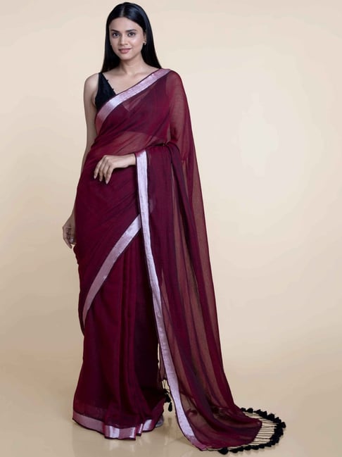 Suta Maroon Cotton Woven Saree Without Blouse Price in India