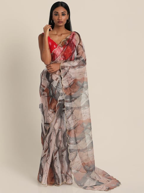 Suta Brown Printed Saree Without Blouse Price in India