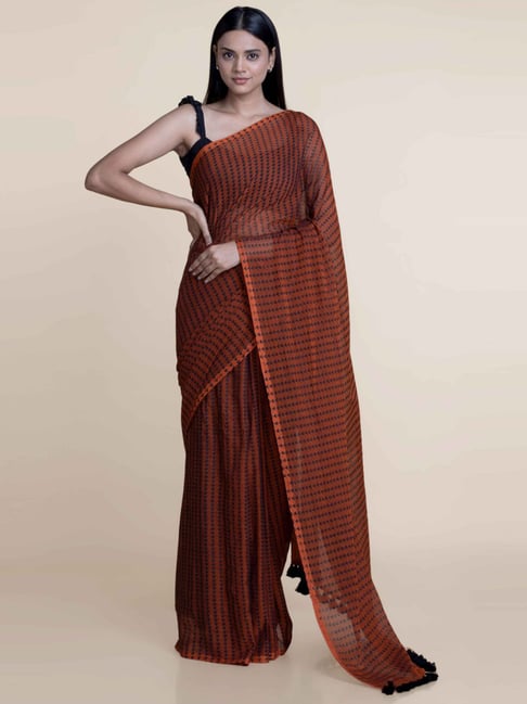 Suta Brown Cotton Printed Saree Without Blouse Price in India