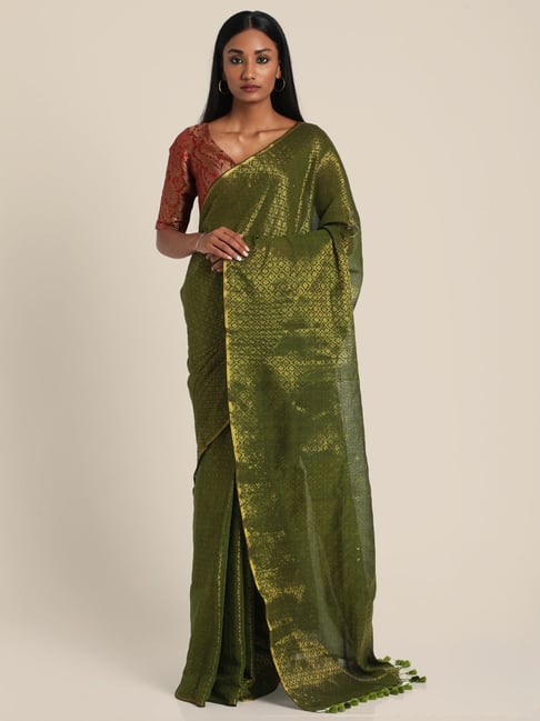 Suta Olive Green Cotton Woven Saree Without Blouse Price in India