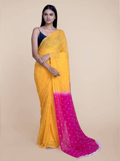 Suta Yellow Batic Print Saree Without Blouse Price in India