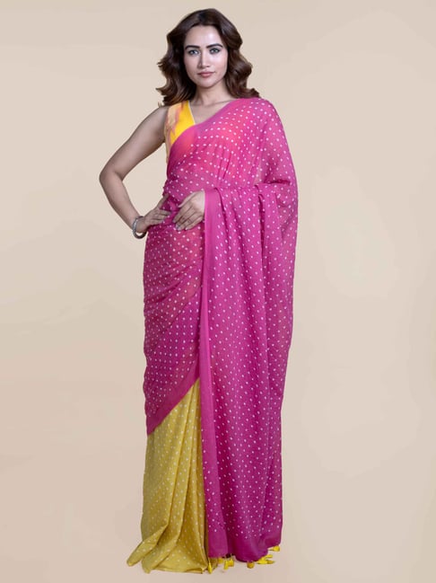 Suta Yellow & Pink Cotton Batic Print Saree Without Blouse Price in India