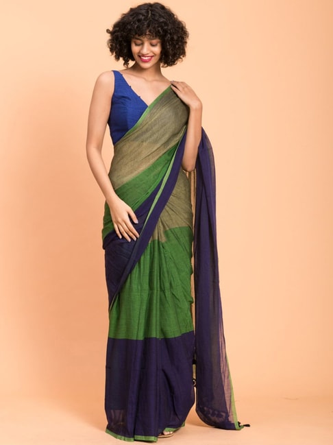 Suta Blue & Green Cotton Saree Without Blouse Price in India