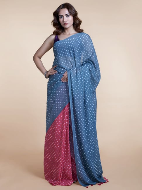 Suta Blue & Pink Cotton Batic Print Saree Without Blouse Price in India