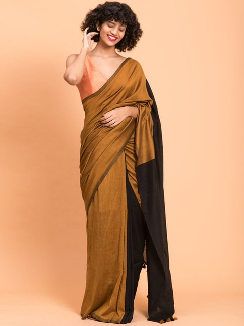 Buy Kaugalian store women's Satin silk saree with black velvet sequence  blouse piece (GOLDEN) at Amazon.in