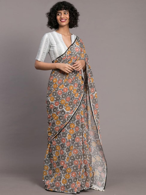 Suta White Cotton Printed Saree Without Blouse Price in India