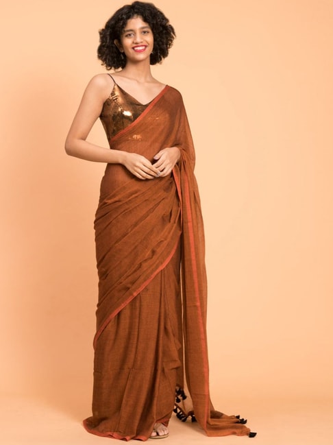 Suta Brown Cotton Saree Without Blouse Price in India