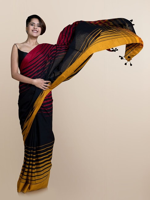 Suta Black Cotton Striped Saree Without Blouse Price in India