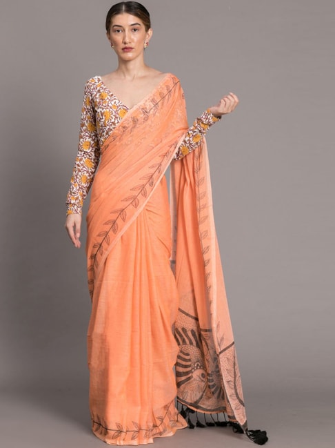 Suta Orange Cotton Printed Saree Without Blouse Price in India