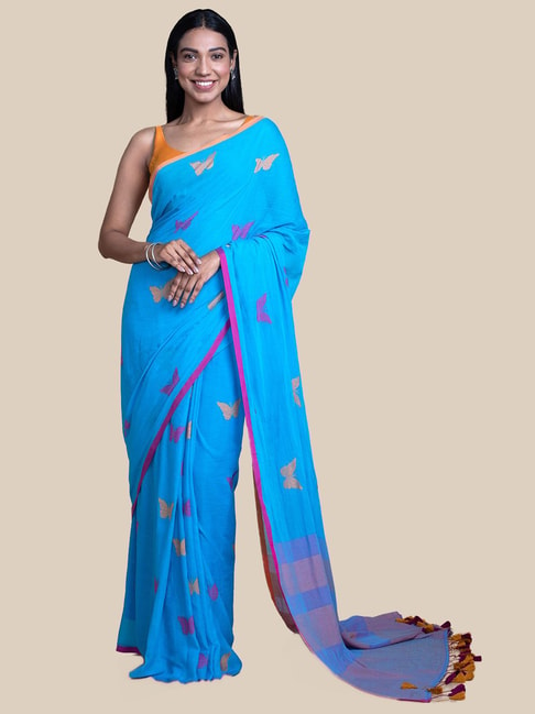 Suta Blue Cotton Embroidered Saree Without Blouse Price in India