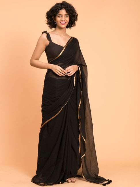 Black Draped Saree And Blouse | Black saree, Saree, Organza saree