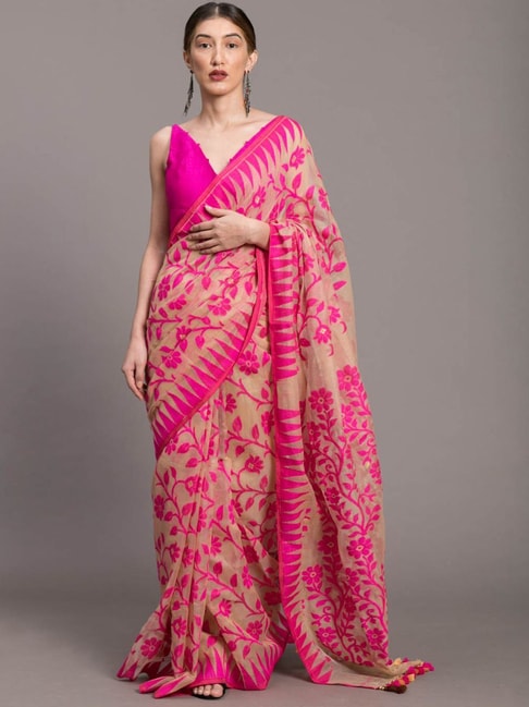 Suta Beige & Pink Embroidered Saree Without Blouse Price in India