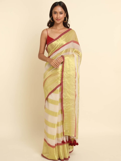 Suta Off White Striped Saree Without Blouse Price in India