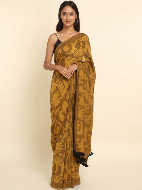 Suta Mustard Printed Saree Without Blouse Price in India