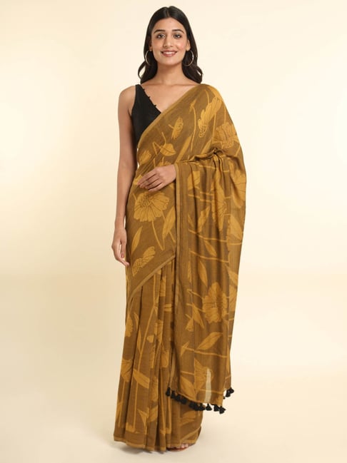 Suta Mustard Printed Saree Without Blouse Price in India