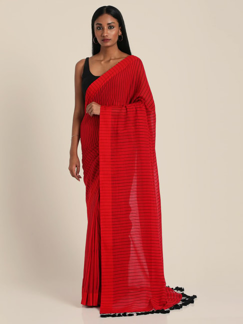 Suta Red Cotton Striped Saree Without Blouse Price in India