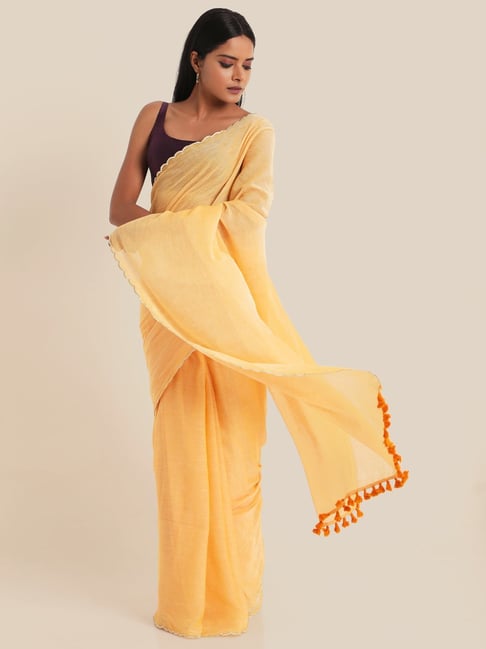 Suta Yellow Cotton Saree Without Blouse Price in India