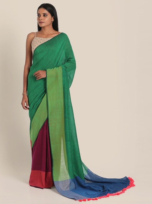 Suta Green & Maroon Cotton Saree Without Blouse Price in India