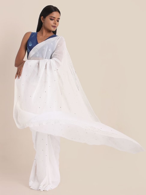 Suta White Embellished Saree Without Blouse Price in India