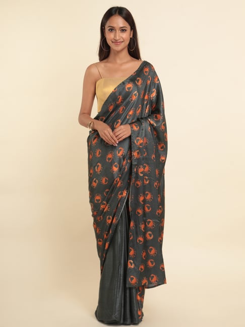 Suta Grey Printed Saree Without Blouse Price in India