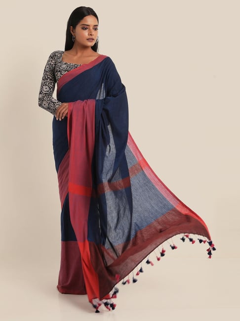 Suta Blue & Red Cotton Saree Without Blouse Price in India