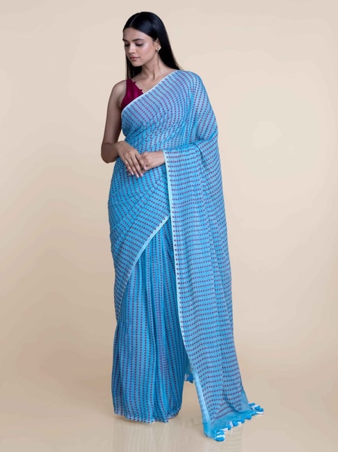 Suta Blue Cotton Printed Saree Without Blouse Price in India
