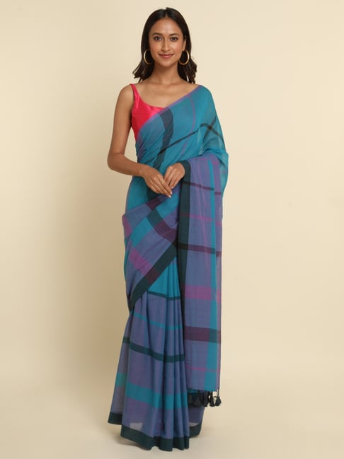 Suta Blue Cotton Striped Saree Without Blouse Price in India