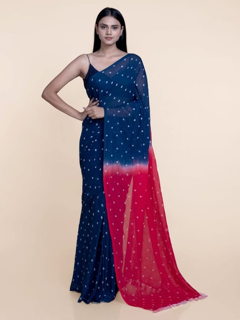Suta Blue & Red Batic Print Saree Without Blouse Price in India