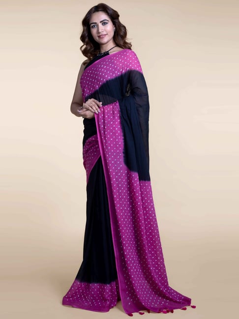 Suta Black & Pink Cotton Batic Print Saree Without Blouse Price in India