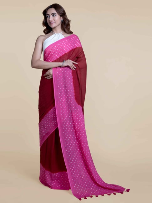Suta Maroon & Pink Cotton Batic Print Saree Without Blouse Price in India