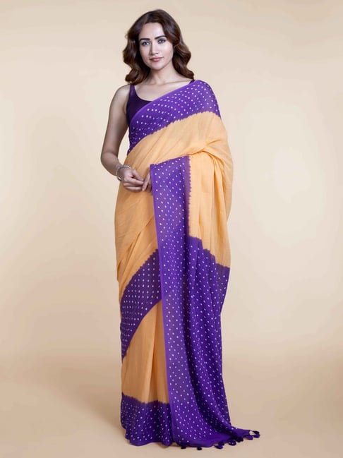 Suta Mustard & Purple Cotton Batic Print Saree Without Blouse Price in India