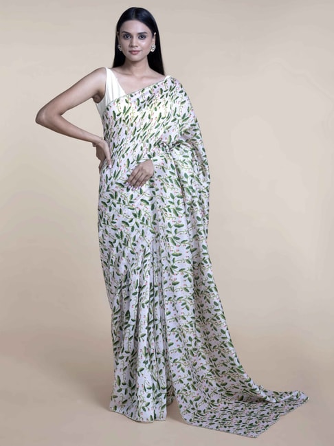 Suta White Silk Printed Saree Without Blouse Price in India
