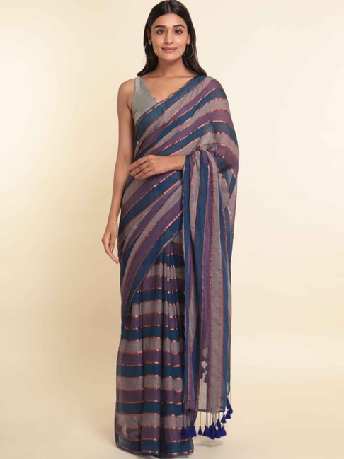 Suta Blue Striped Saree Without Blouse Price in India