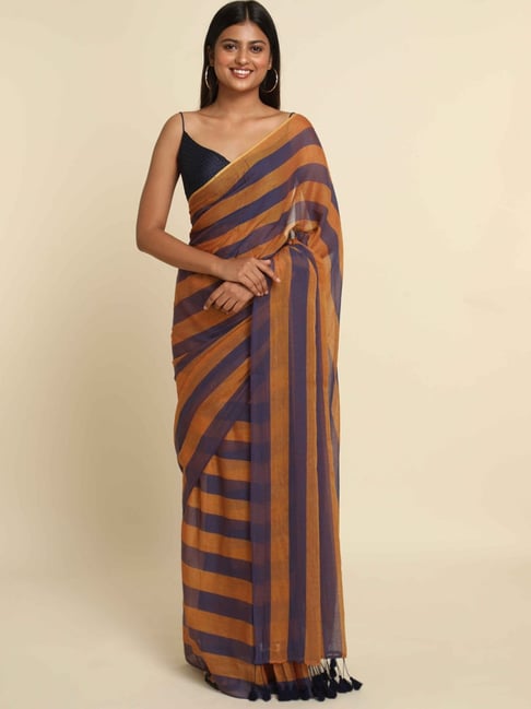 Suta Navy & Yellow Cotton Striped Saree Without Blouse Price in India