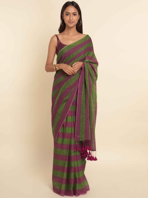 Buy Suta Green & Pink Cotton Striped Saree Without Blouse for