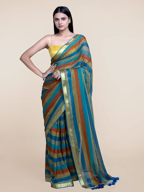 Borderless dark green plain design kamala silk saree, multi-color chevron  design digital printed blouse