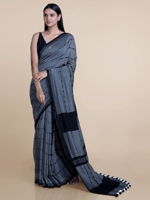 Suta Grey Striped Saree Without Blouse Price in India