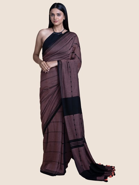 Suta Brown Striped Saree Without Blouse Price in India